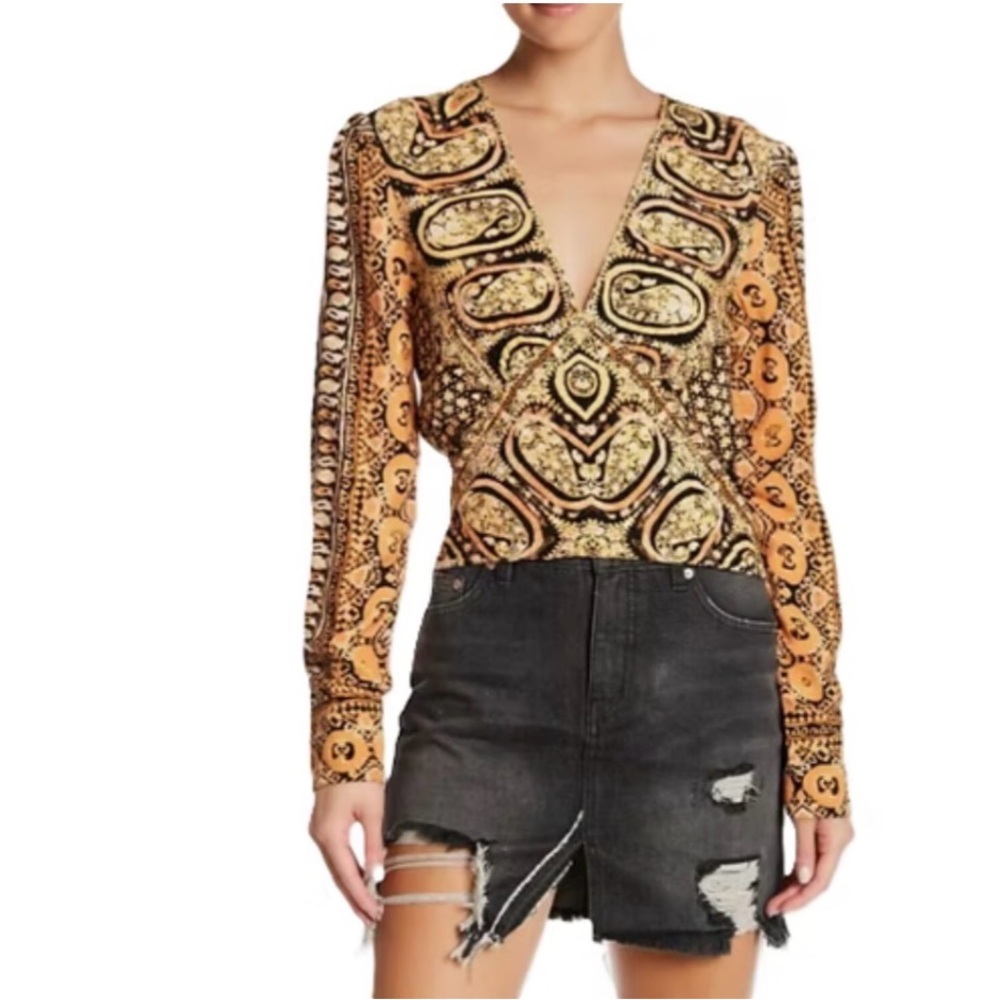 Free People Orange and Black Paisley Blouse
